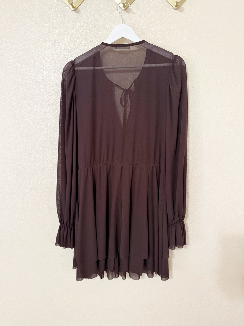 Zara Ruffled Cascading Chocolate Brown Semi Sheer Billowy Boho Mini Dress Medium - Picture 7 of 13